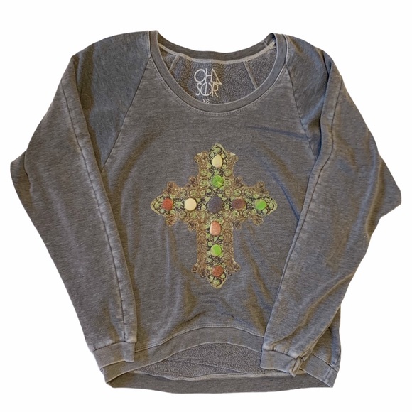 Chaser Tops - Chaser Embellished Cross Gray Slub Sweatshirt XS